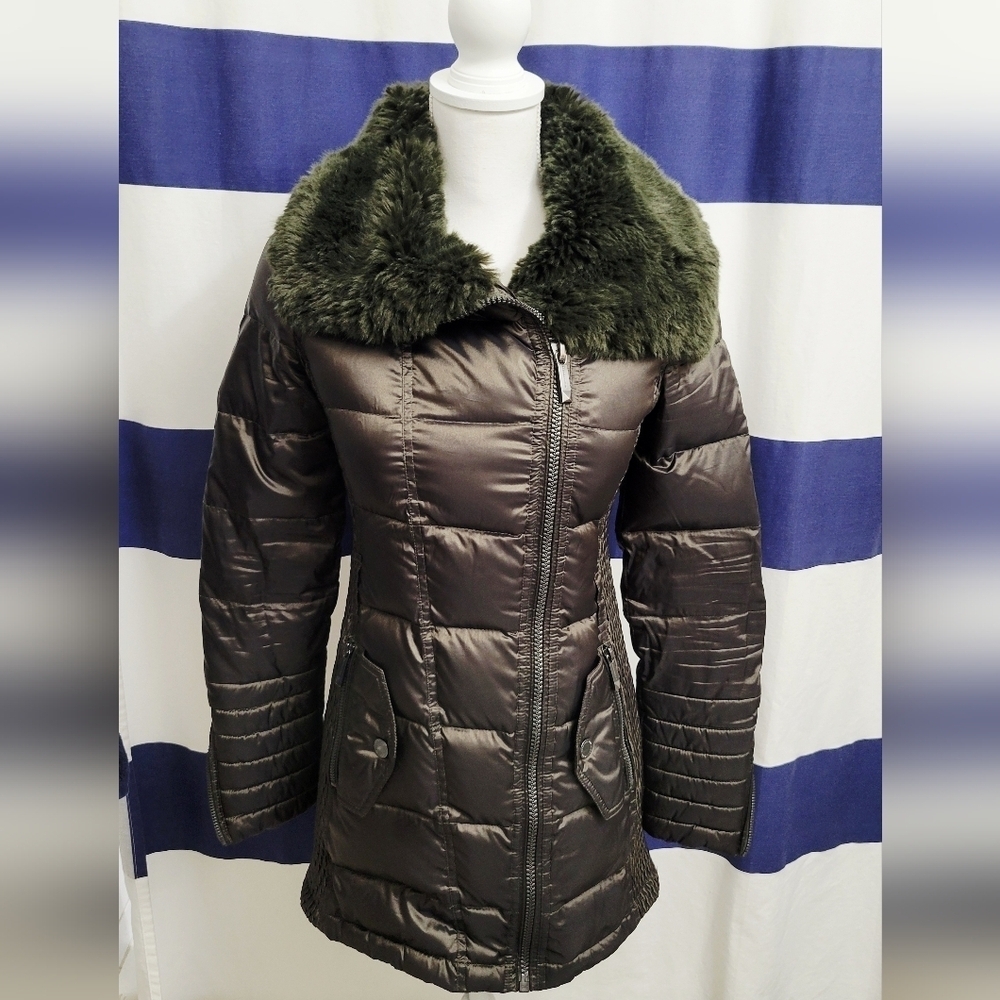 BCBG Max Azria Olive Green Faux Fur Trim Puffer Jacket | Size XS